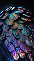 Obraz premium Close-up of iridescent bird feathers showcasing vibrant colors and intricate details.
