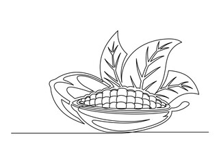 Continuous one line cacao beans branch with leaves isolated on white background. Simple vegetable silhouette. Hand drawn cacao beans branch outline. Vector illustration