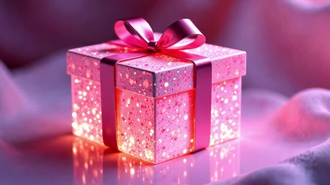 Animation gift background. Pink ribbon, glowing present box. Birthday celebration, Valentines day concept