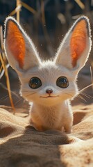 A cute, animated fennec fox with large ears and big eyes, smiling playfully in a sandy environment.