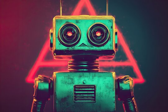 A black robotic head with red eyes against a graphic red triangle background. This piece, designed in an abstract contemporary art style, is ideal for a music album cover or modern poster