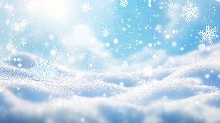 Fototapeta premium Snowflakes falling on snowy ground during winter wonderland