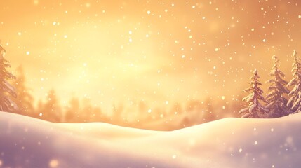 Snow falling on pine trees in winter wonderland at sunset