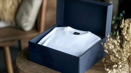 a sophisticated navy gift box with a premium white tshirt inside