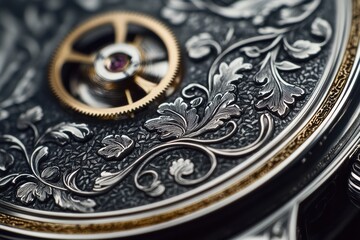 Obraz premium Intricate detailing of a vintage mechanical watch with ornate engravings and a polished finish.