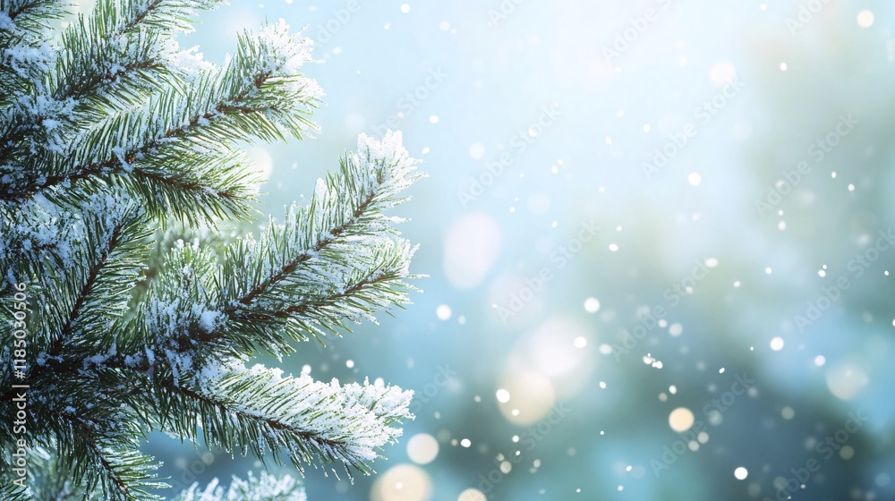 Poster snow falling on pine tree branches in winter wonderland