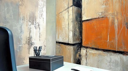 A modern workspace featuring abstract wall art and organized desk items.