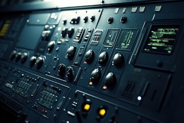 Close-up of a dark control panel with various switches and displays, evoking a high-tech atmosphere.