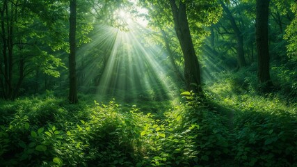 Obraz premium Sunbeams in the Green Forest