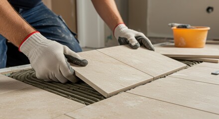 A worker installing tiles, being placed into position during renovation