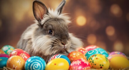 Adorable rabbit surrounded by colorful Easter eggs on a festive background