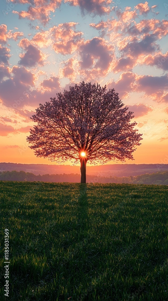 Poster As dawn breaks, soft light envelops a lone tree standing in a lush green field, casting long shadows while vibrant colors of spring paint the sky. Nature awakens in a beautiful display