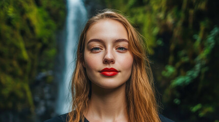 Naklejka premium Woman with red lips stands confidently in front of a vibrant waterfall surrounded by lush greenery in a natural setting