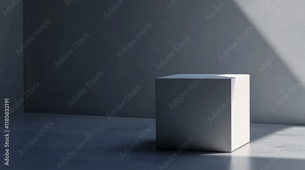 Aufkleber White cube standing in empty room with sunlight creating shadows