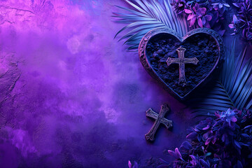 Ash Wednesday, Lent Season and Holy Week concept. Christian crosses and ashes on purple background. AI