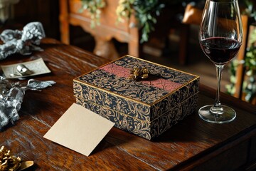 Fototapeta premium Elegant black and gold decorative gift box on a wooden table with a glass of red wine.
