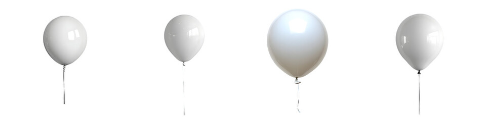 Set of Elegant White Balloons on Strings, Isolated on White Background