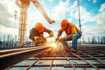 Two male construction workers welding on a building site against a blue sky with sparks flying.
