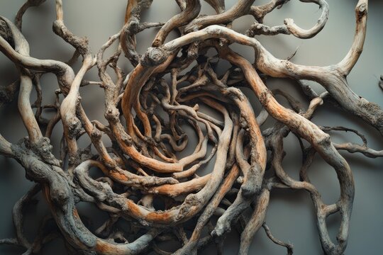 Intricate spiral of weathered, intertwined tree branches creating a captivating abstract pattern.