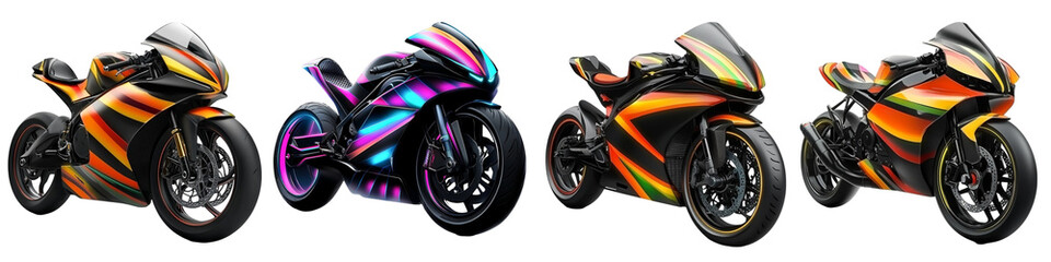 Futuristic Sport Motorcycles with Vibrant Neon and Metallic Designs, Isolated on White