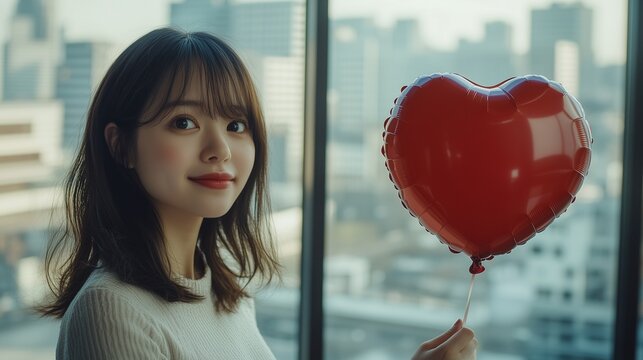 Young Asian woman holding a red heart balloon in an urban office setting, near large windows overlooking the cityscape.