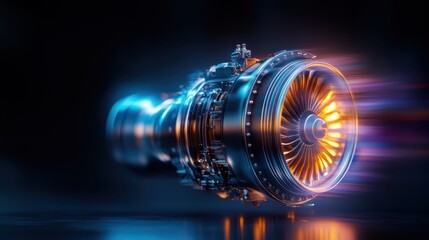 A visually striking jet engine depicted in vivid motion with bright flames, symbolizing innovation and advanced technology in aerospace engineering and design aesthetics.