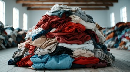 Inside a room filled with a chaotic collection of clothes stacked high, this image emphasizes the clutter often associated with modern living spaces and the emotional weight of belongings.