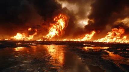 This image depicts a dramatic, fiery landscape amidst dark clouds, capturing an intense moment of natural chaos and destruction that evokes a sense of urgency and fear.