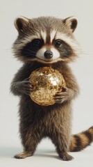 Obraz premium A cute raccoon holding a shiny golden ball, showcasing its playful spirit and curious nature.