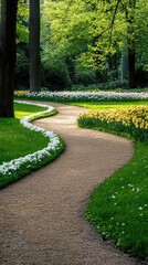 Fototapeta premium A winding dirt path surrounded by colorful flowers invites visitors toward a bright clearing, perfect for moments of reflection