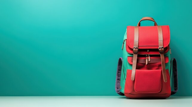 An elegant red and teal backpack is showcased against a vibrant backdrop, merging fashion and function for those who value aesthetics in their daily adventures.