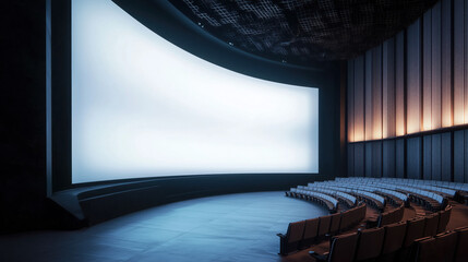 IMAX Theater Interior with a Giant Curved White Screen and Tiered Seating, Concept of Immersive Cinema and Advanced Technology