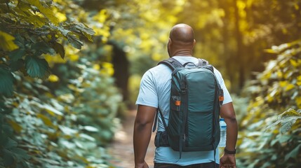 An overweight individual hiking on a scenic trail with friends, carrying a backpack and water bottle, surrounded by lush greenery and sunlight filtering through trees