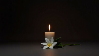 Candle with white flower on dark background