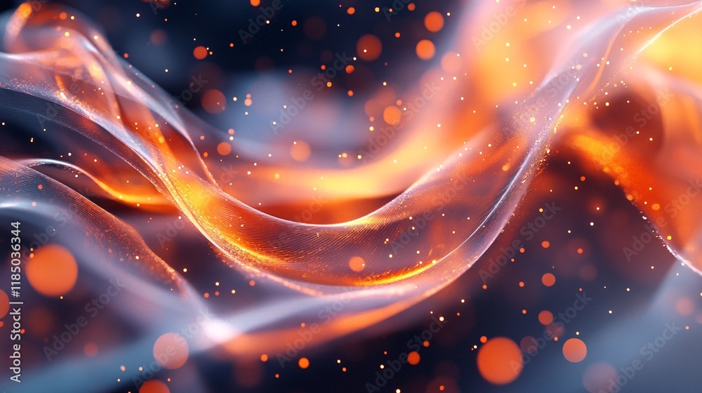 Poster abstract orange particles flowing on dark background