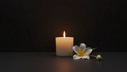 Candle burns beside white flower on dark background