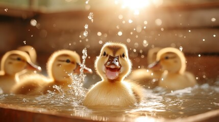 A lively group of cheerful ducklings playfully splashes in a sunlit basin, exuding a sense of joy and innocence in their watery playground.