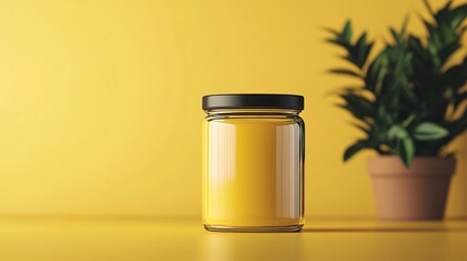 Glass jar with yellow liquid and black lid on yellow background with plant