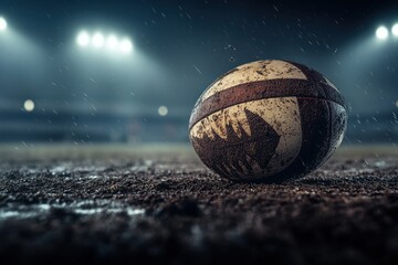 A close-up of a worn rugby ball resting on a muddy field under dramatic stadium lights during rain.