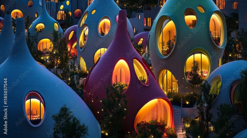 Poster Exploring an imaginative city filled with uniquely shaped buildings resembling colorful drops. Soft lights glow from within, creating a magical ambiance against the twilight sky
