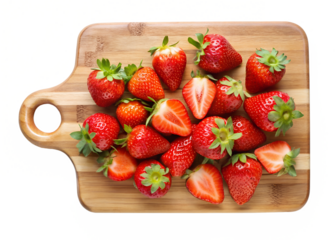 Fresh Strawberries on Wooden Cutting Board - Juicy red strawberries, some halved, arranged on a wooden cutting board, highlighting freshness, vibrant color, and natural appeal.
