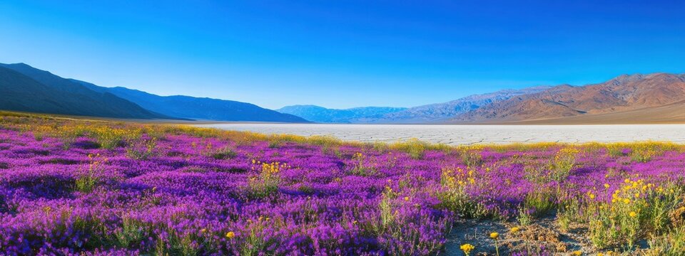 A surreal view of the salt flats of Death Valley National Park, USA, under a rare carpet of wildflowers during a superbloom