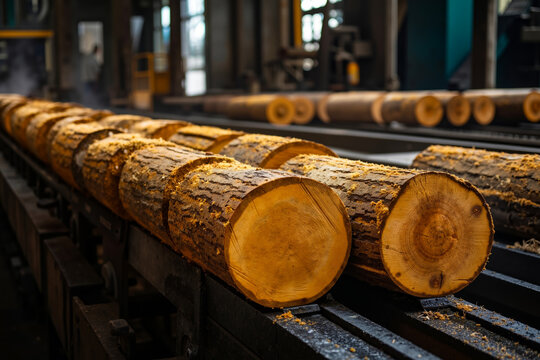 A conveyor belt with logs on it in a woodworking shop