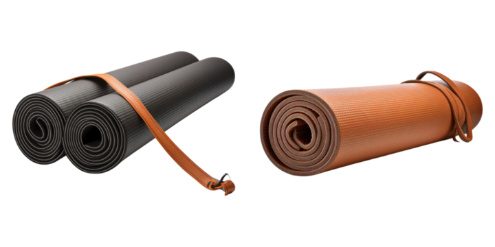 Rolled up yoga mat with straps isolated on transparent background, Set of