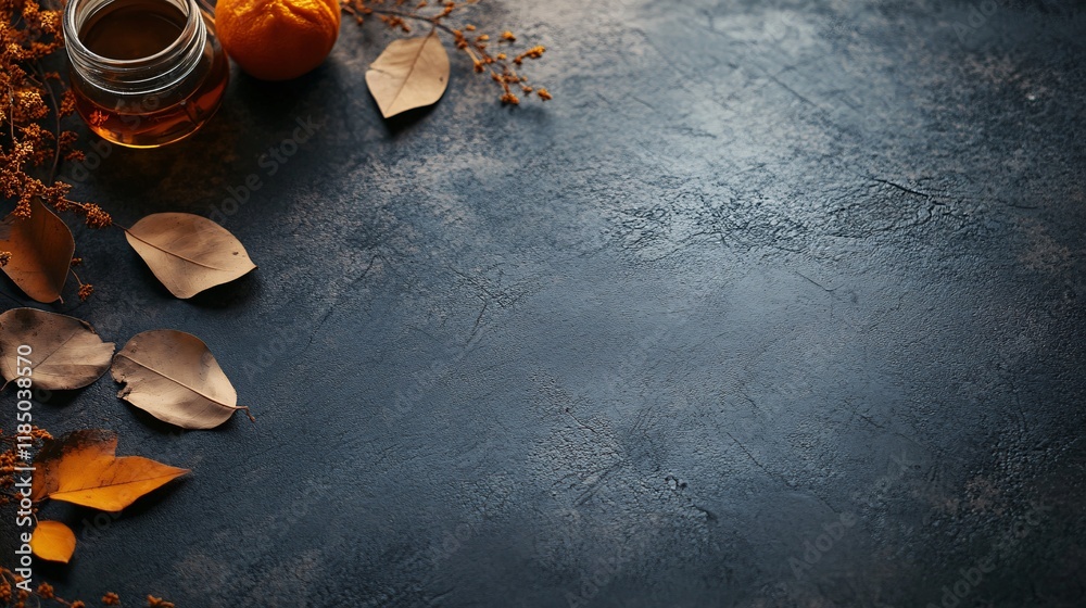 Poster autumn background with honey, mandarin and dry leaves on dark textured surface with copy space