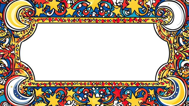 A colorful decorative border featuring stars, moons, and swirls, designed for framing text or images.