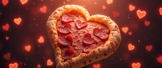 Fototapeta premium A heart-shaped pizza, topped with pepperoni hearts, floats amidst a background of blurry red hearts. A romantic Valentine's Day meal in a warmly lit setting