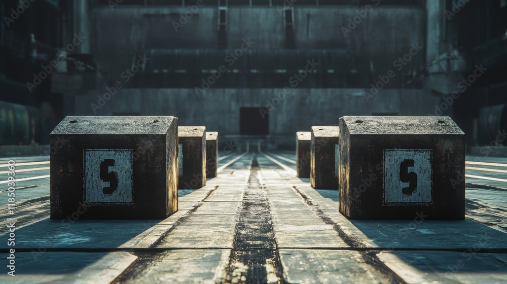 Poster a set of numbered blocks in a modern industrial setting, creating a sense of depth and structure.