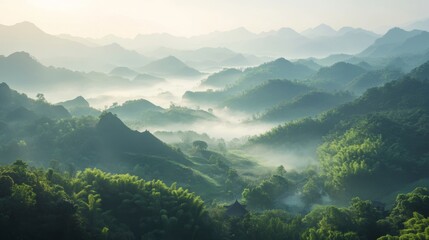 Mist-covered mountains at dawn create a serene landscape in the countryside with lush greenery