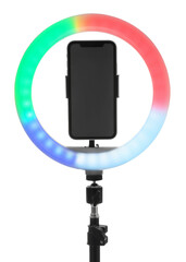 Tripod with ring light and smartphone isolated on white